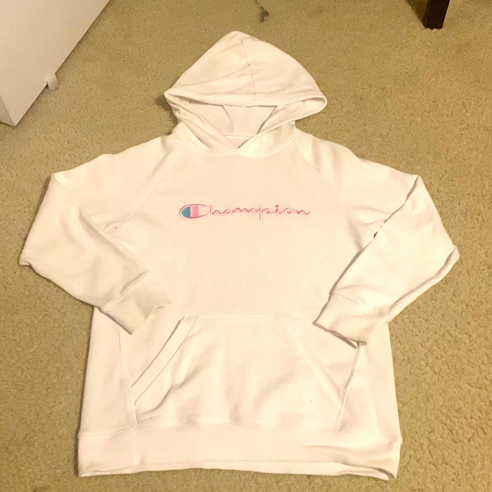 Girls champion hoodie.White with pink and blue writing.Only worn a couple times.